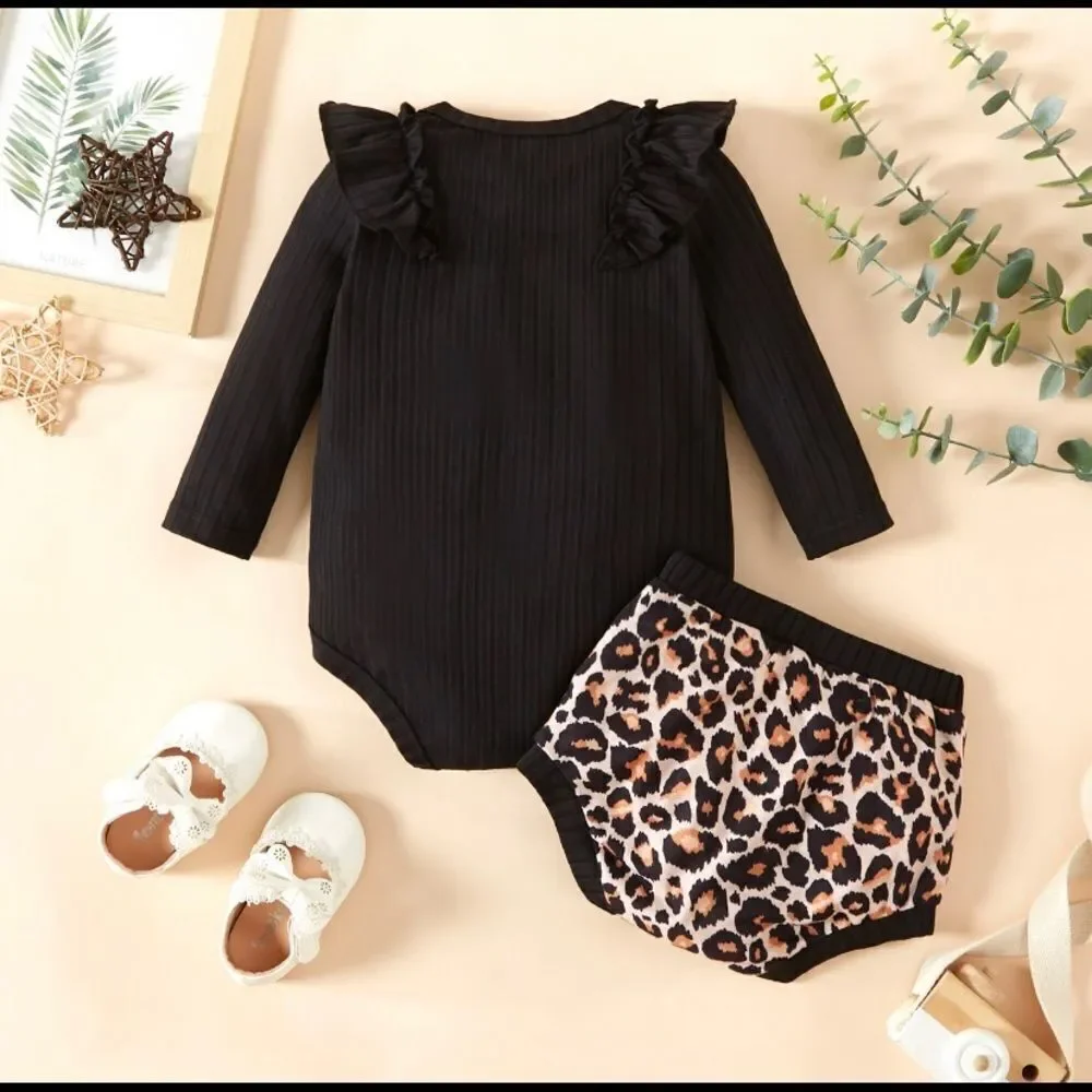 New 2 pc baby girls black & leopard print romper, ribbed, black long sleeved